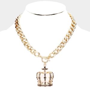 STONE EMBELLISHED CROWN PENDANT TOGGLE NECKLACE